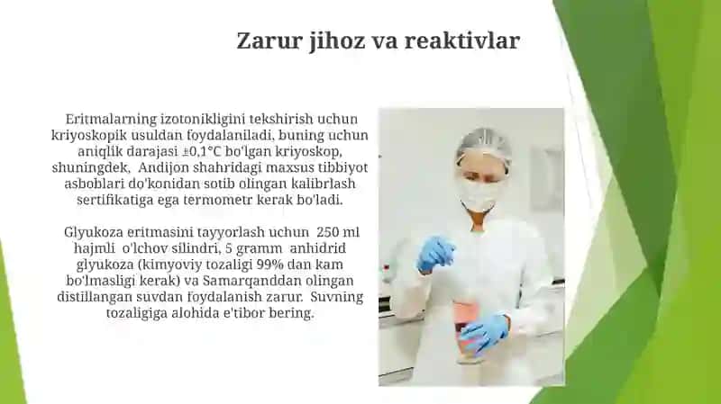 Natriy xlorid va glyukoza fiziologik gipotonik eritmalarini tayyorlash 3