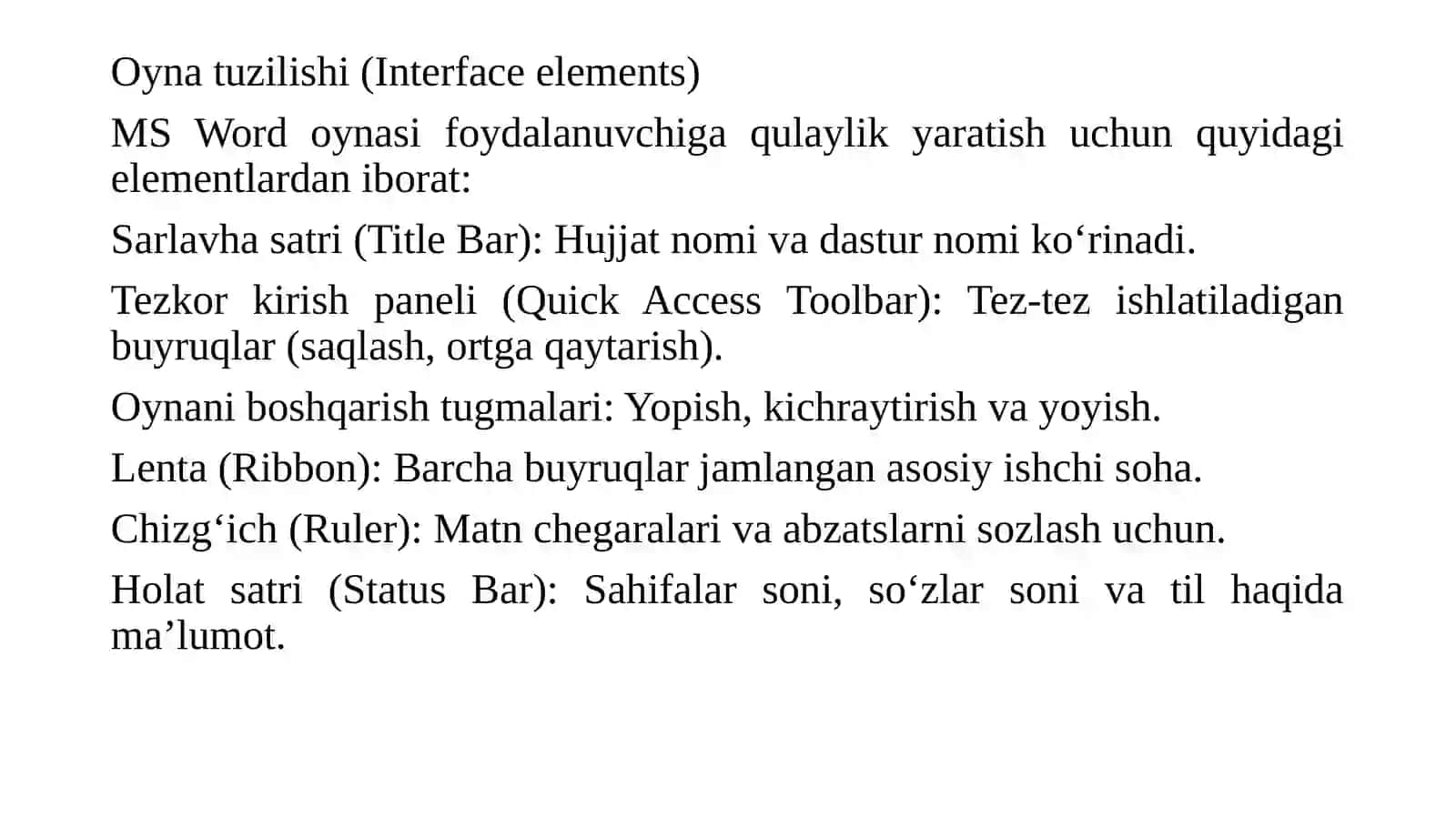 MS Word muxarriri oynasining tuzilishi va interfeysi 3