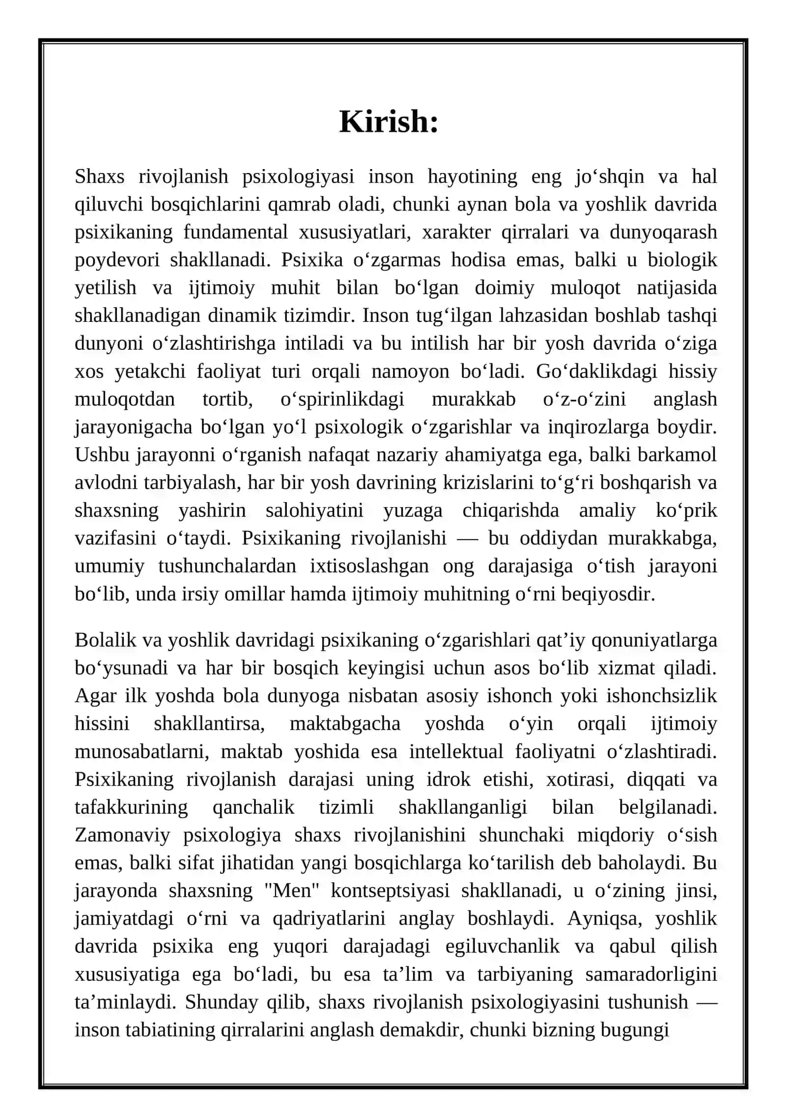Shaxs rivojlanish psixologiyasi: bola va yoshlik davridagi psixikaning o’zgarishlari 3