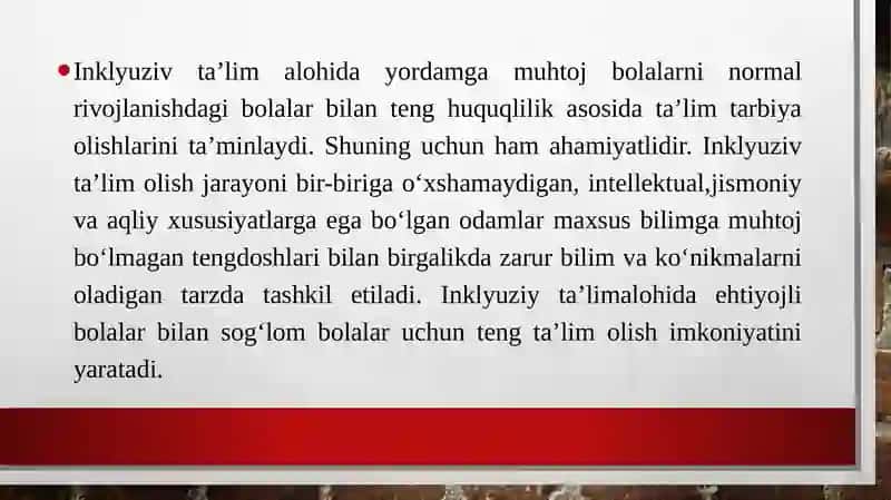O‘zbekistonda inklyuziv taʼlimni rivojlantirish konsepsiyasini amalga oshirish strategiyasi. Imkoniyati cheklangan bolalarni inklyuziv taʼlimga jalb etishda TPPK ning ro‘li. Imkoniyati cheklangan bolalarni inklyuziv taʼlim jarayonida o‘qitishda individual dasturlarini tuzish, metodik va didaktik taʼminotini yaratish. Inklyuziv taʼlimga jalb qilingan bolalarga uslubiy va didaktik yordam bilan taʼminlash. 3