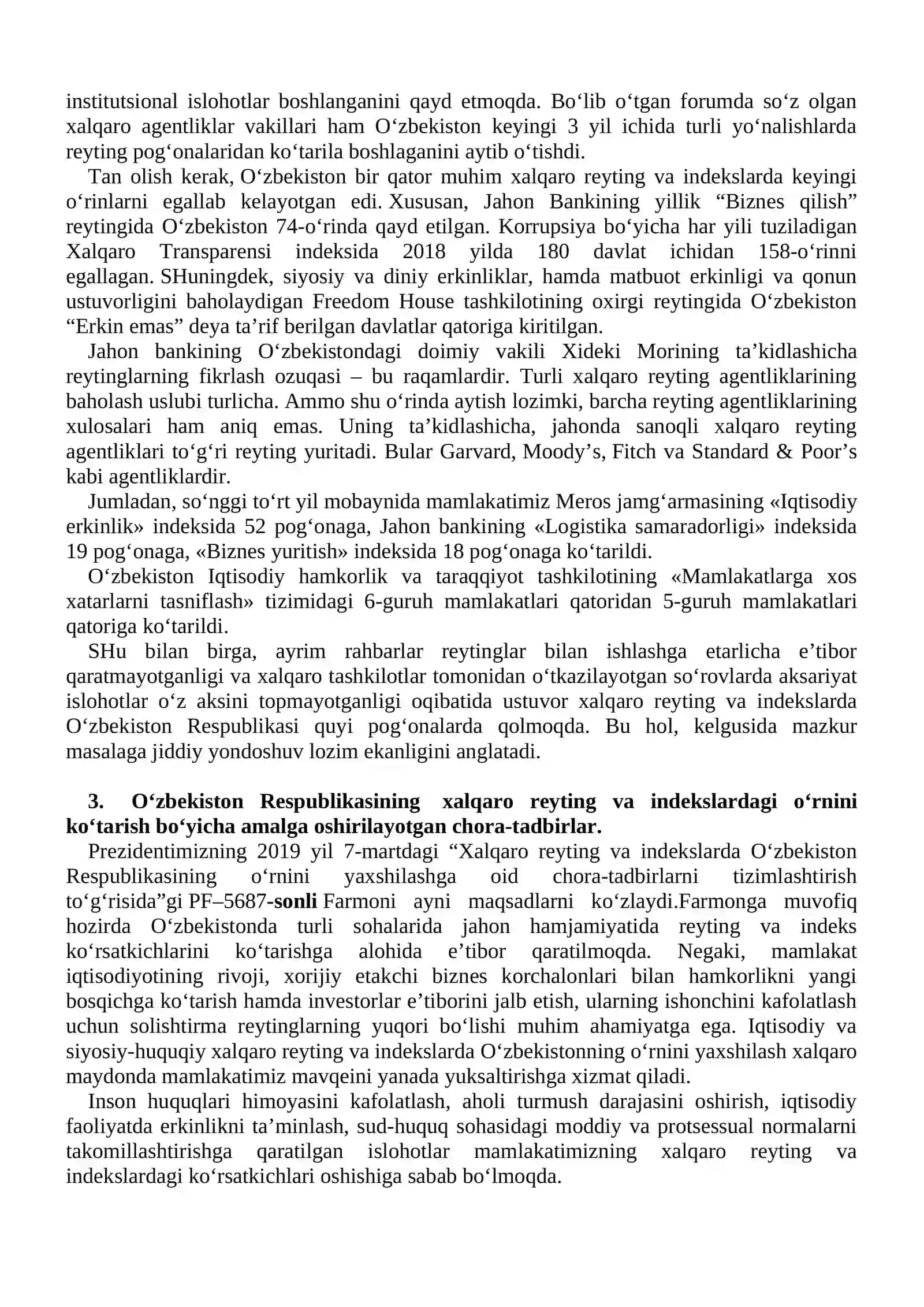 O‘zbekiston Respublikasining xalqaro reyting va indekslardagi o’rni va nufuzi 3