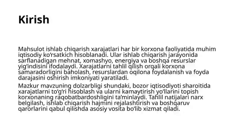 Maxsulot ishlab chiqarish xarajatlari taxlili 3