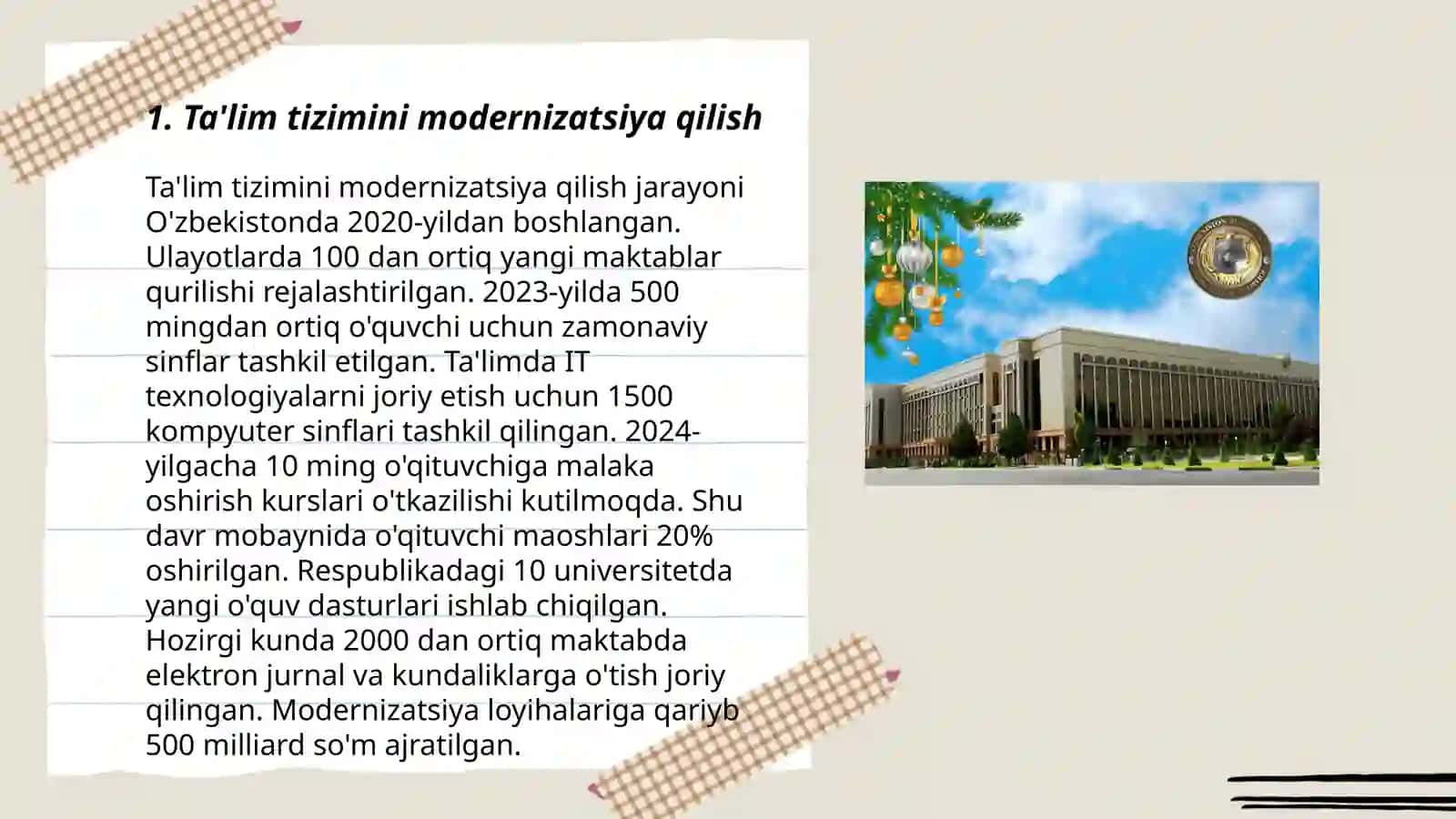 Ozbekiston respublikasi ta'lim sohasidagi amalga oshirilgan islohotlar 3