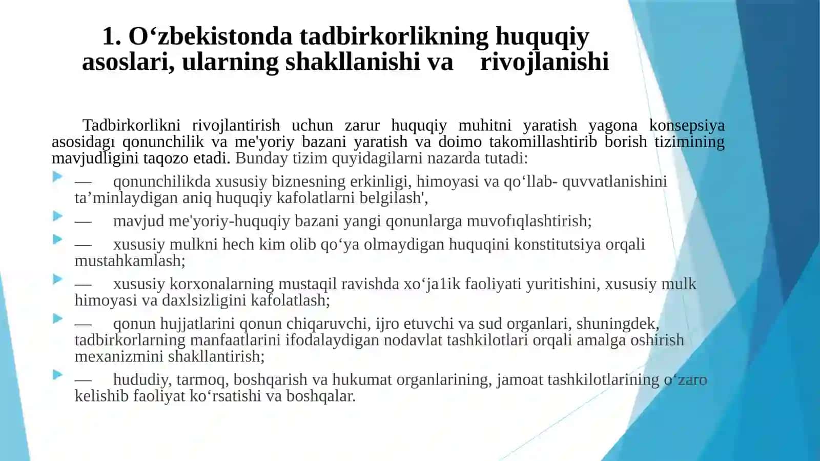 O‘zbekistonda tadbirkorliknıng huquqiy va shartnomaviy asoslariReja 3