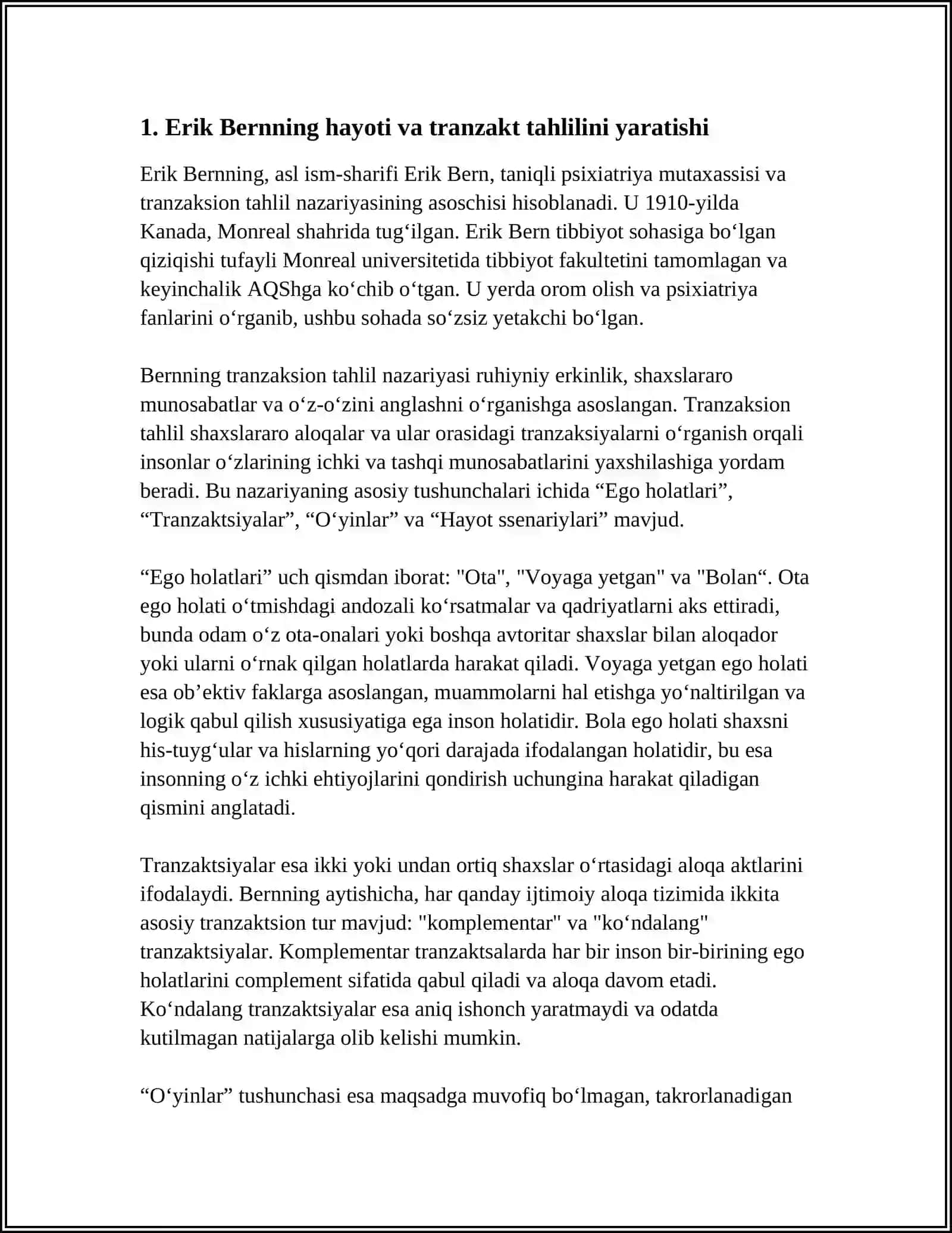 ERIK BEM TRANZAKT TAXLILNING ASOSCHISI SIFATIDA.TRANZAK TAXLILNING ASOSIY TUSHUNCHALARI 3