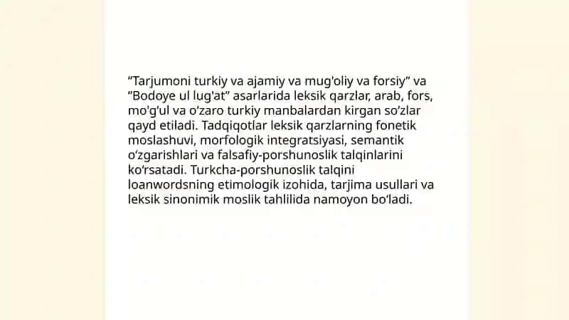 "Tarjumoni turkiy va ajamiy va mug'oliy va forsiy" "Bodoye ul lug'at" asarlarida lingvistik talqinlar 3