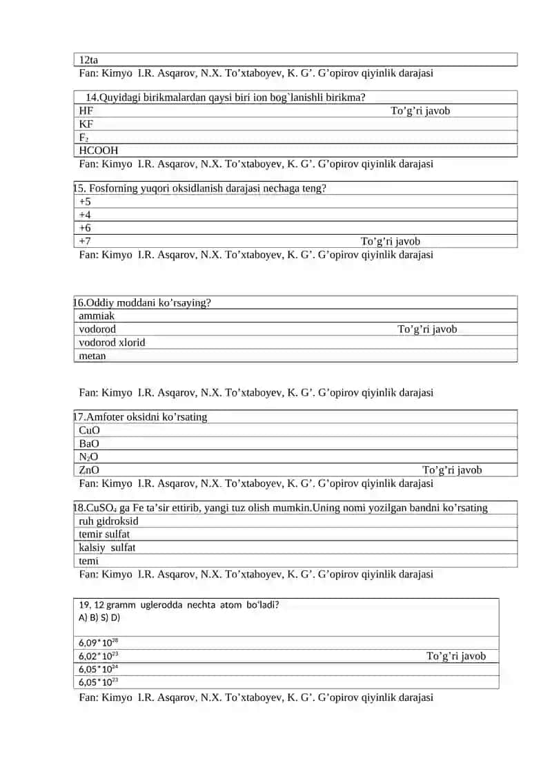 Kimyo test 8 – sinf 3