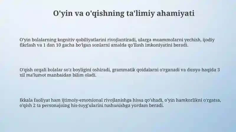 Kichik maktab yoshidagi bolalar oʻyin faoliyatining oʻqish faoliyatiga oʻlashuvi 3