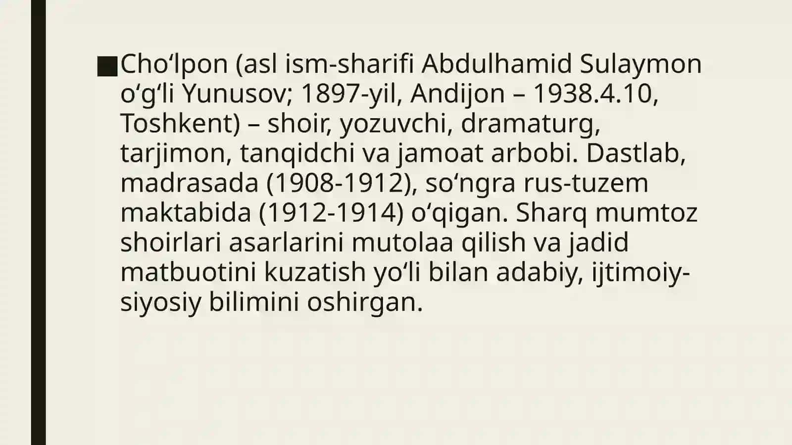 CHO’LPON, FITRAT, SADRIDDIN AYNIY, ABDULLA QODIRIY,GʻulomZafariyJADIDLARI HAQIDA 3