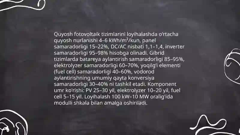 Quyosh energiyasi va yoqilgʻi elementlardan foydalanish va energiya uzatishning yangi usullarini yaratish 3