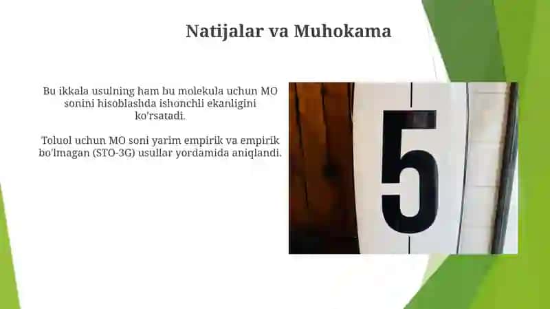 Toluol malekulasi uchun yarim emperik va No emperik (STO-3 G) nuqtai nazaridan MO-lar sonini aniqlash 3