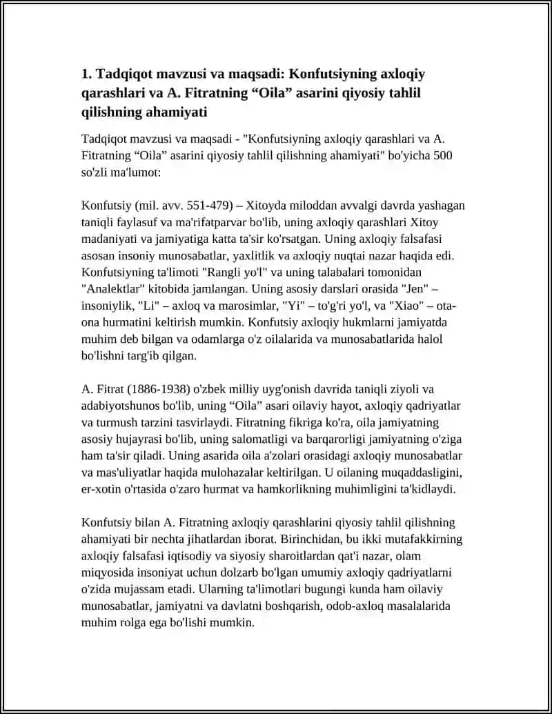 KONFUTSIYNING AXLOQIY QARASHLARI VA A. FITRATNING “OILA” ASARIDAGI AXLOQIY FIKRLARNI QIYOSIY TAHLIL QILISH VA SHU ASOSIDA TAQDIMOT TAYYORLASH 3