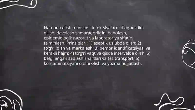 Laborator tekshiruvlardan surtama olish balĝam siydik va axlat yiĝish kònikmalari haqida to'liq malumat ber 3