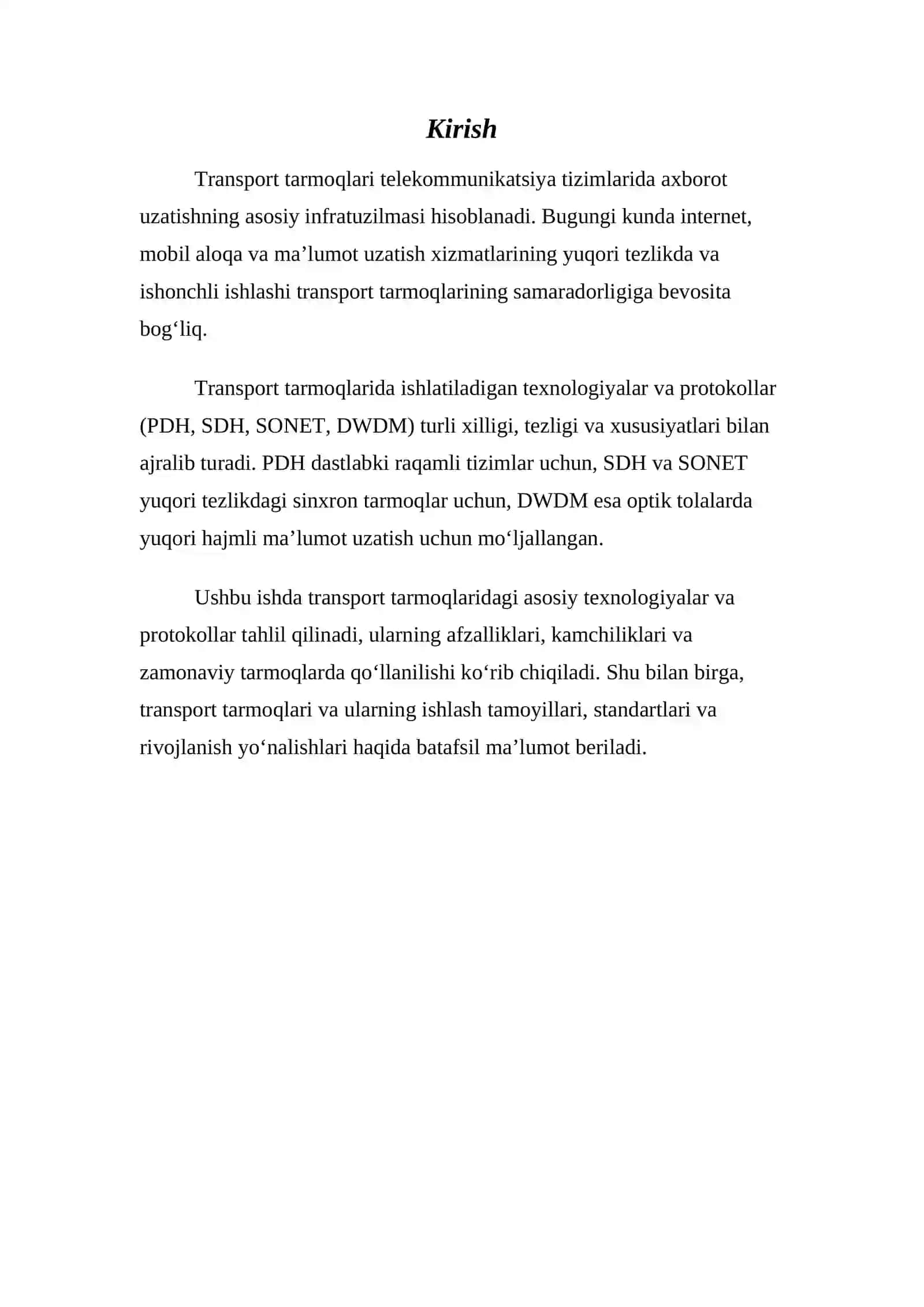 Transport tarmoqlarida qo’llaniladigan protokollar va texnologiyalar: PDH, SDH, SONET, DWDM 3