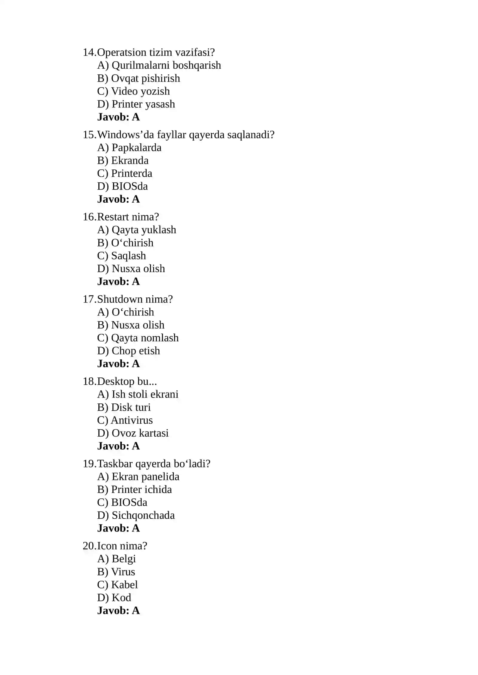 Kompyuter Texnologiyalari bo‘yicha Test Savollari va Javoblari ( Yangi To‘plam) 3