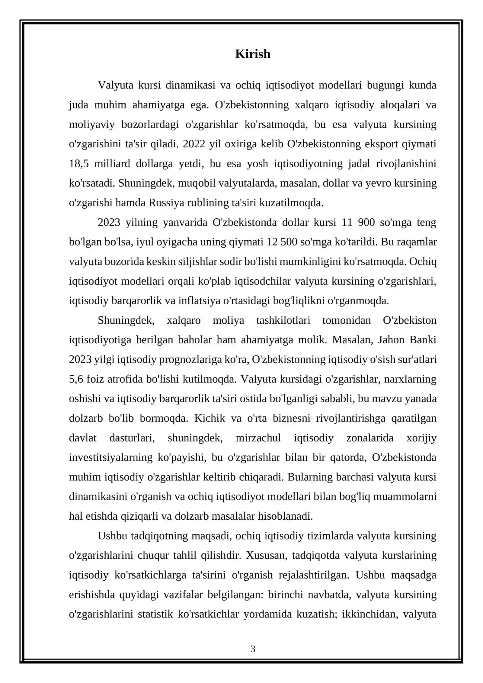 «Valyuta kursi dinamikasi va ochiq iqtisodiyot modellari» mavzusidagi KURS ISHI 3