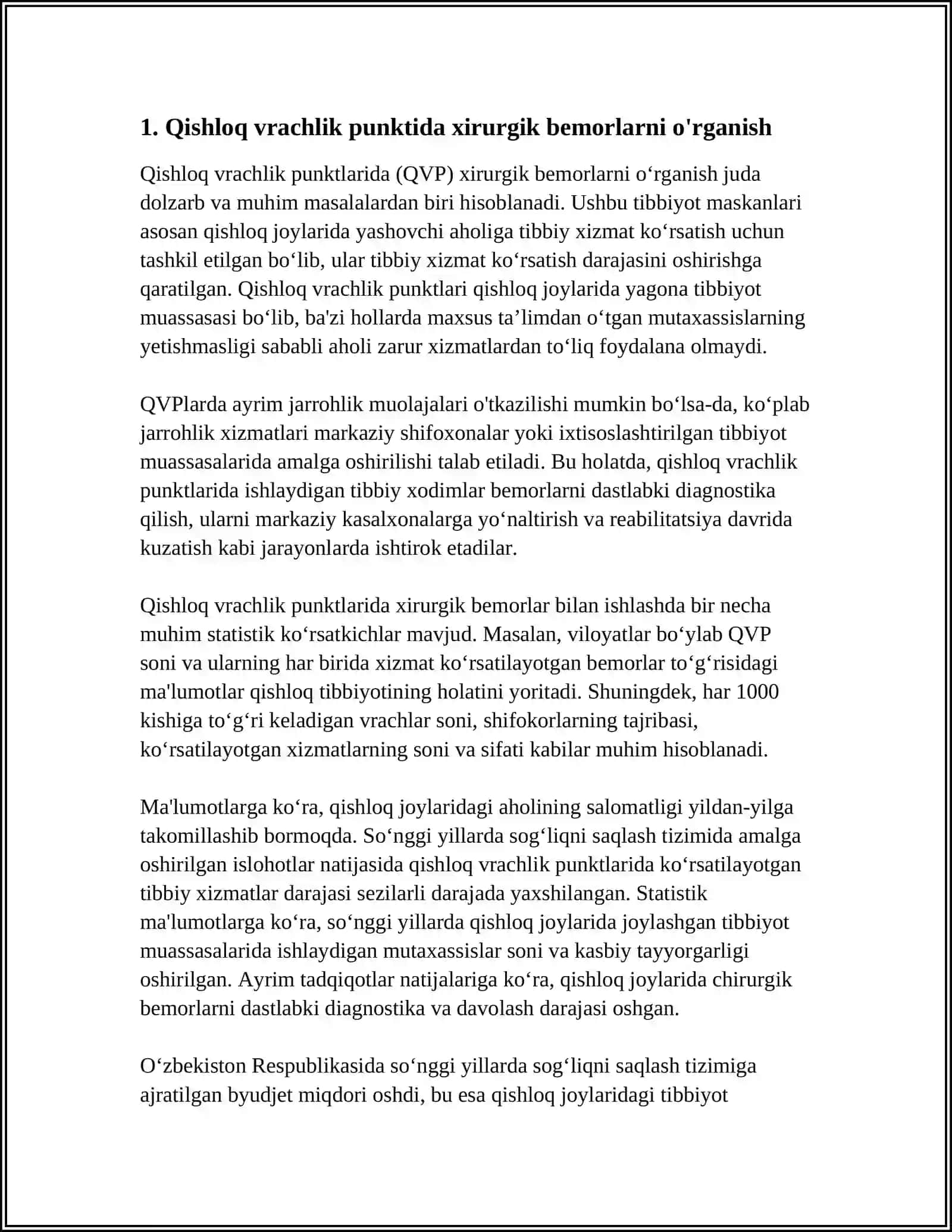 QISHLOQ VRACHLIK PUNKTIDA XIRURGIK BEMORLARNI TEKSHIRISH. OILAVIY POLIKLINIKALAR 3