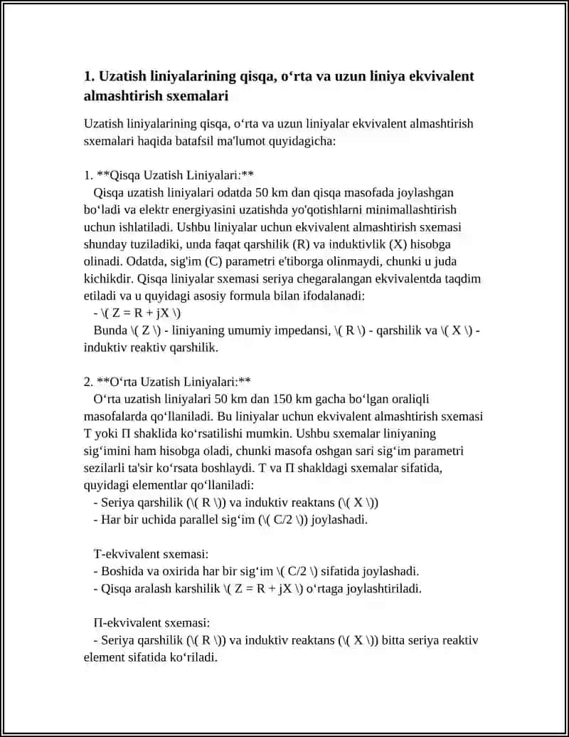 ELEKTR UZATISH LINIYA VA TRANSFORMATORLARNING EKVIVALENT ALMASHTIRISH SXEMALARI VA HISOB PARAMETIRLARI 3