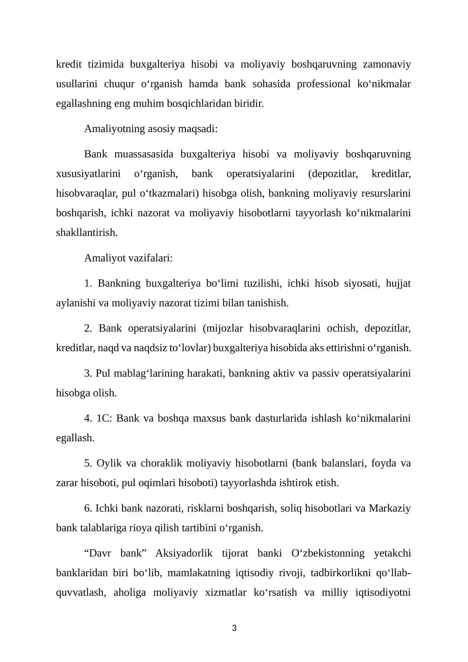 "DAVR BANK" DA AMALIYOT OʻTAGANLAR UCHUN .Bitiruv Malakaviy Amaliyot Hisoboti. 3