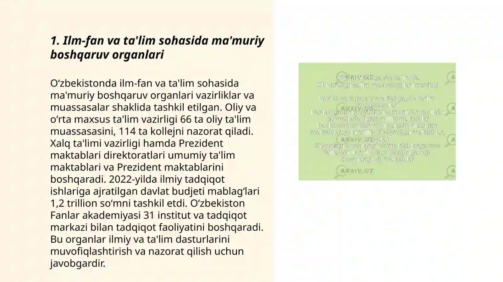 Ilm-fan va ta'lim sohasini ma'muriy-huquqiy tartibga soluvchi boshqaruv organlari 3