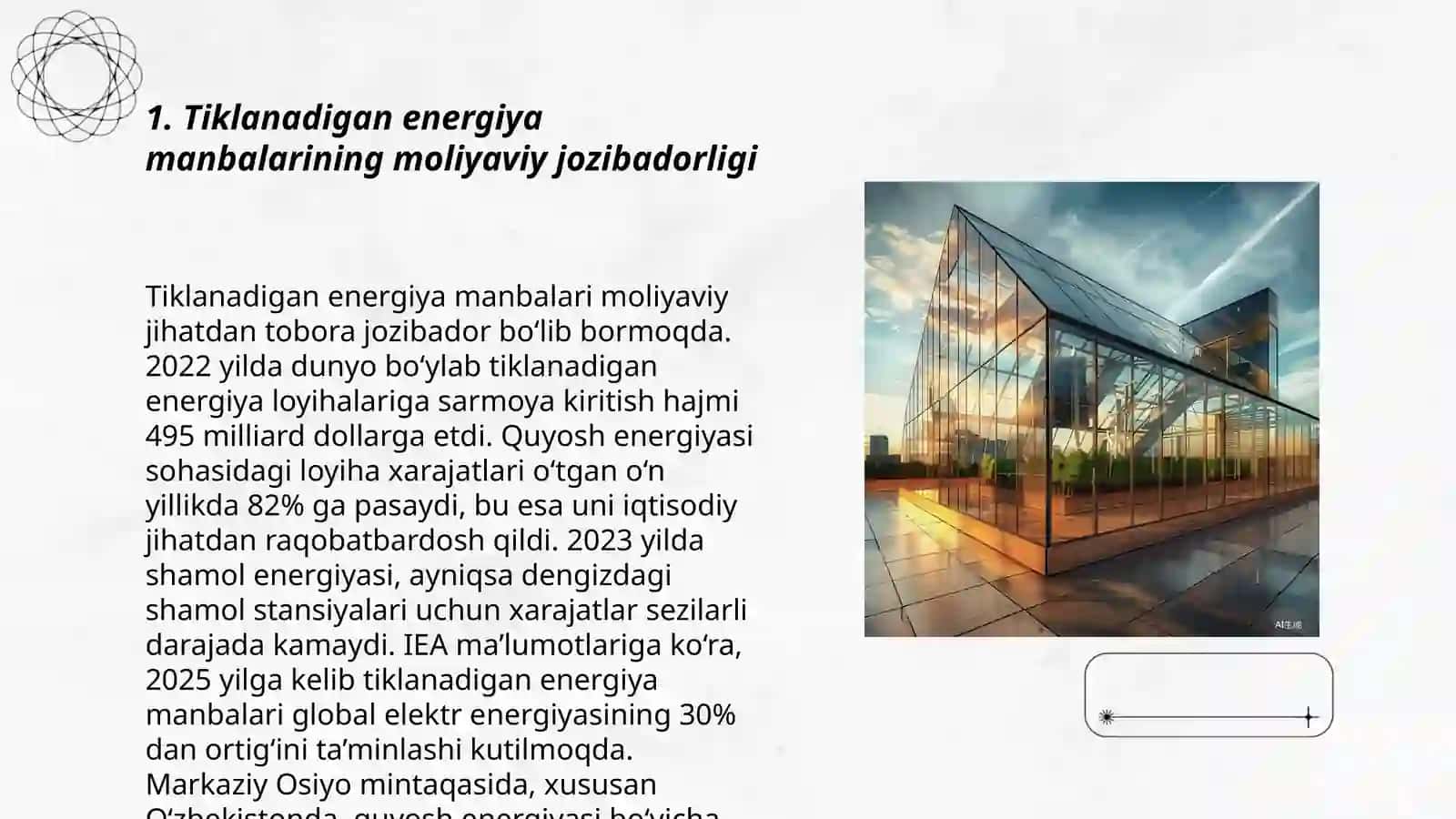 Tiklanadigan energiya manbalarini o'zlashtirishni investitsiyalash xususiyatlari 3