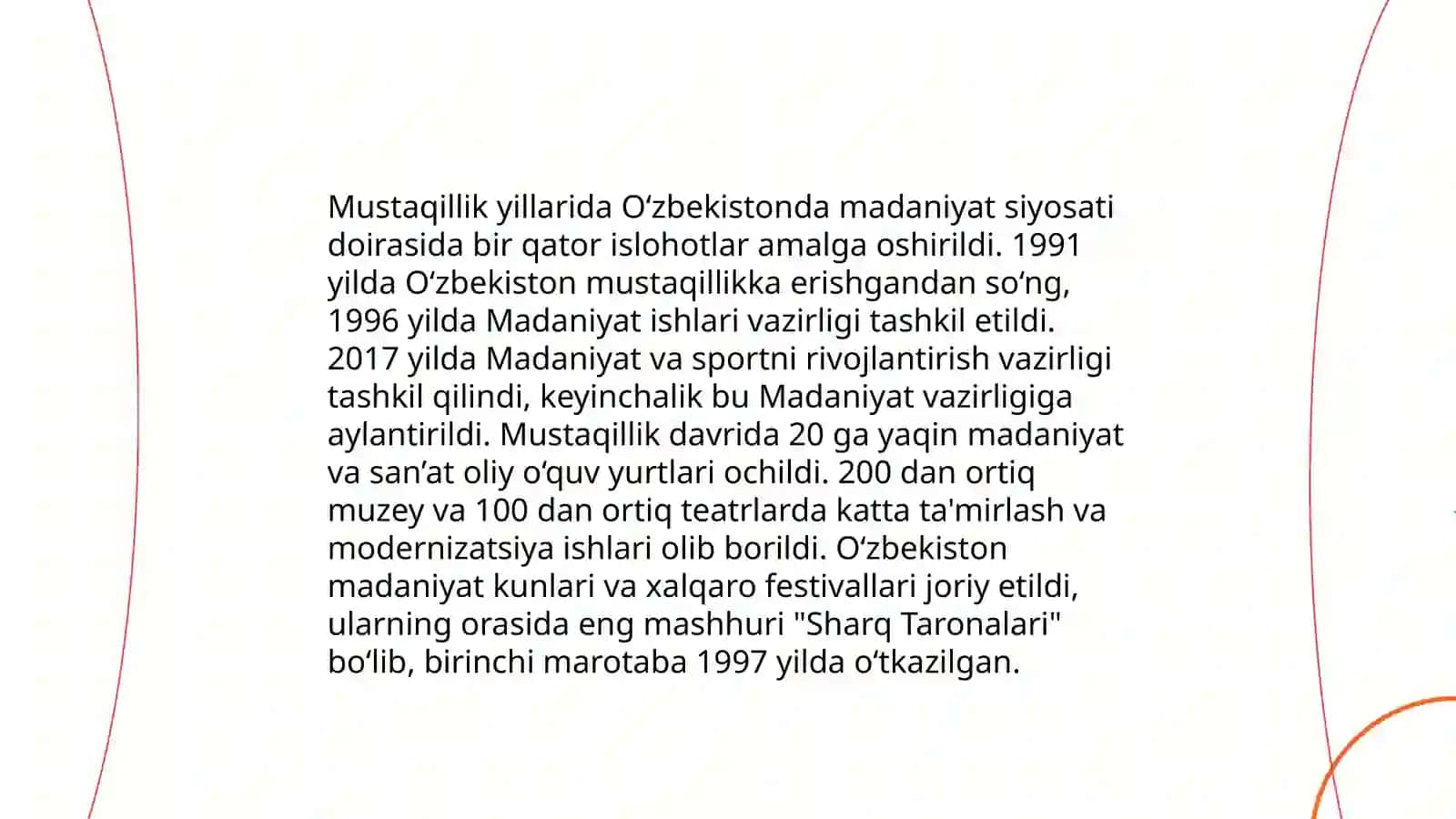 Mustaqillik yillarida Oʻzbekistondagi madaniy taraqqiyot 3
