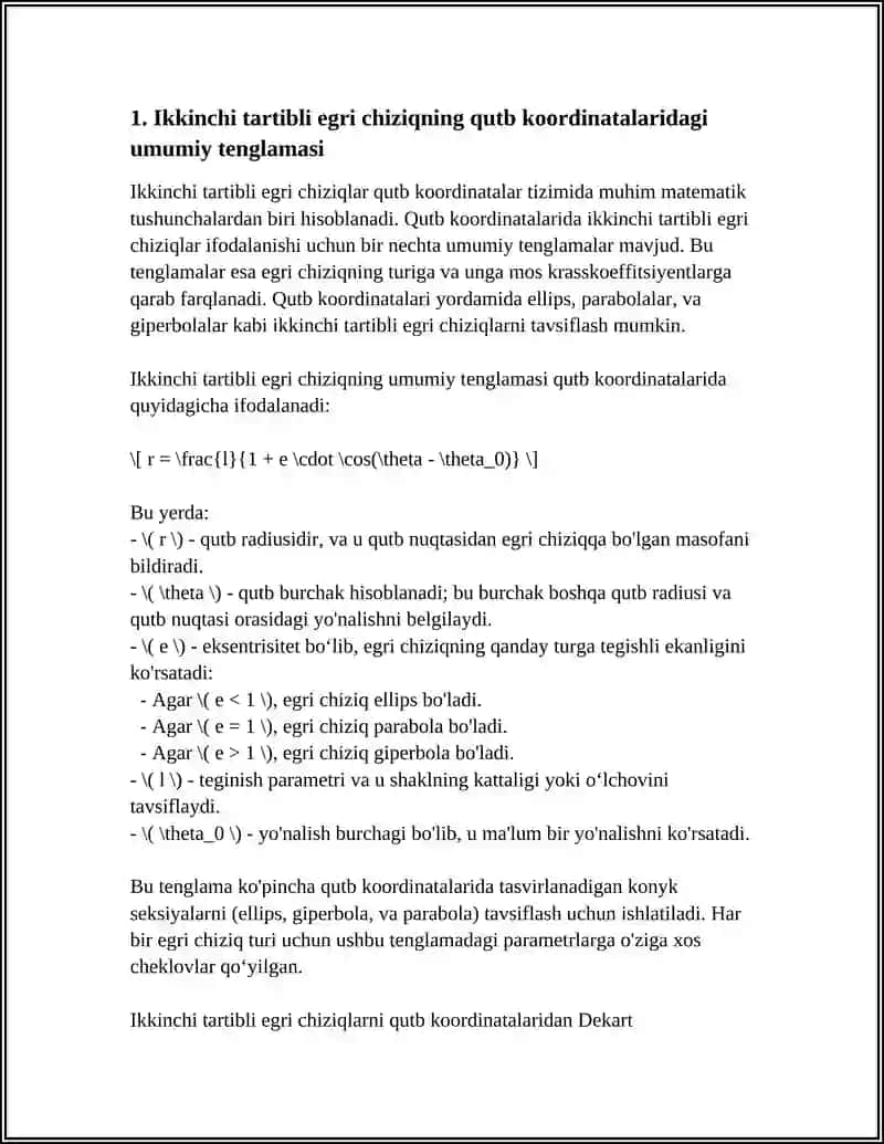 IKKINCHI TARTIBLI EGRI CHIZIQNING QUTB KOORDINATALARDAGI TENGLAMALARI VA UNDAN DEKART KOORDINATALAR SISTEMASIGA O'TISH 3