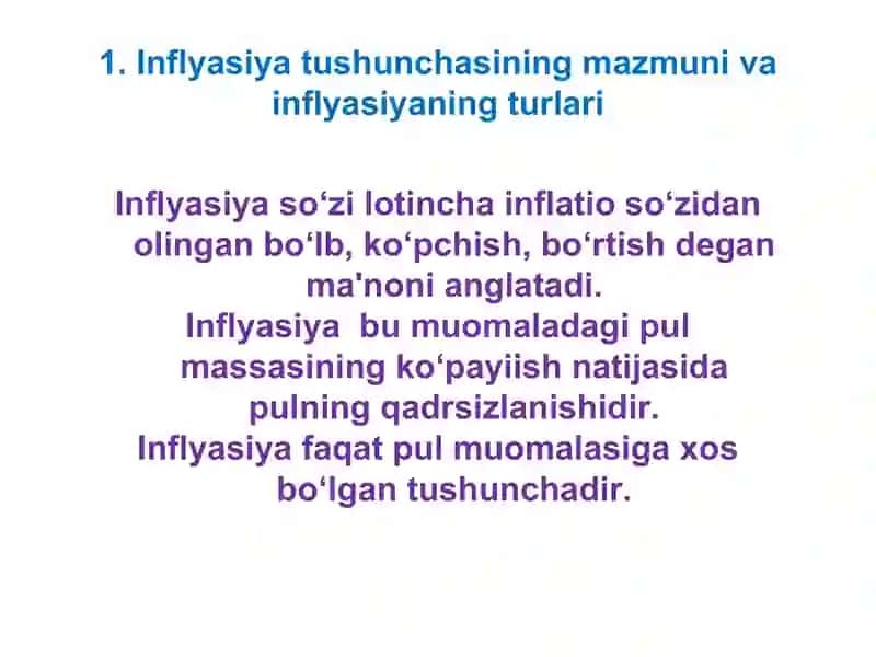 Inflyasiya va uning turlari.Inflyasiya va uning turlari, pulning barqarorligini ta’minlash yo’llari 3