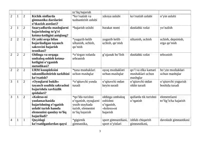Gimnastika va uni o’qitish metodikasi - 2-kurslar uchun test savollari va javoblari 3