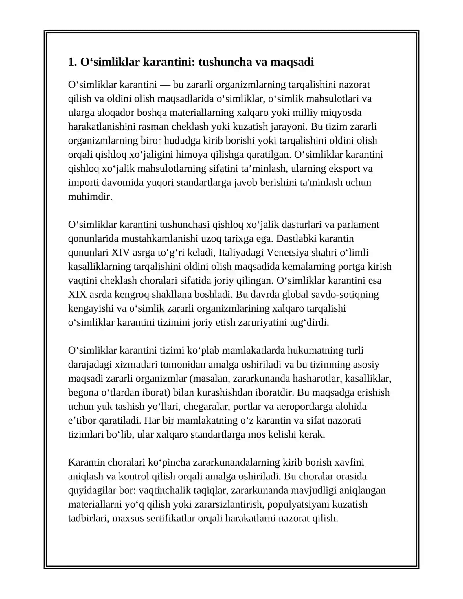 O‘SIMLIKLAR KARANTININING RIVOJLANISH TARIXI VA QISHLOQ XO‘JALIGIDAGI AHAMIYATI MAVZUSIDA REFERAT YOZING 3