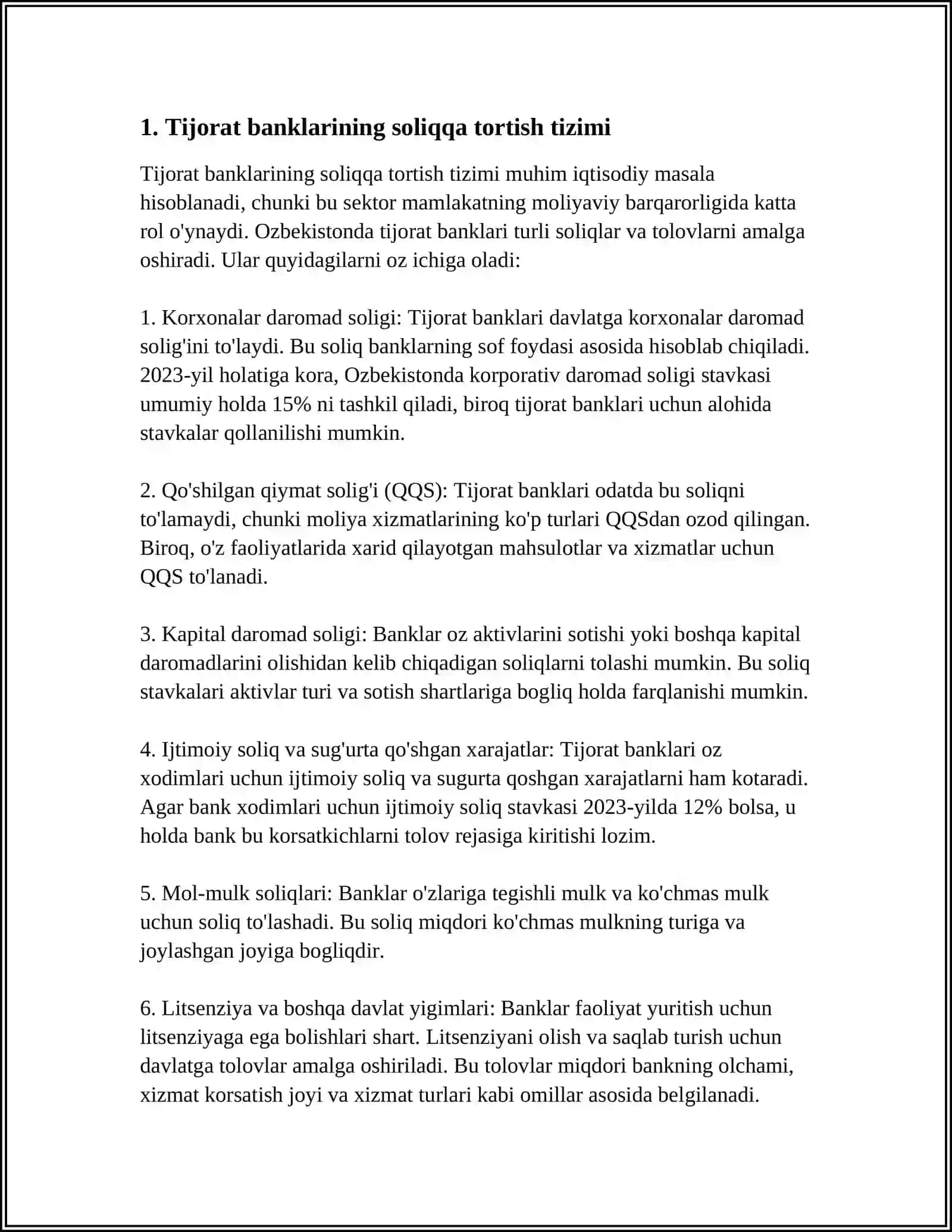 TIJORAT BANKLARINI SOLIQQA TORTISHNING OʻZIGA XOS XUSUSIYATLARI 3