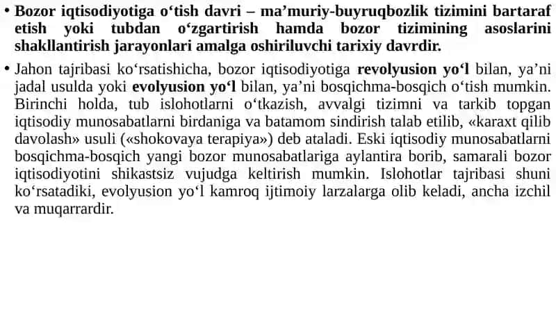 Bozor Iqtisodiyotiga O‘tish Davri va uning O‘zbekistondagi Xususiyatlari 3