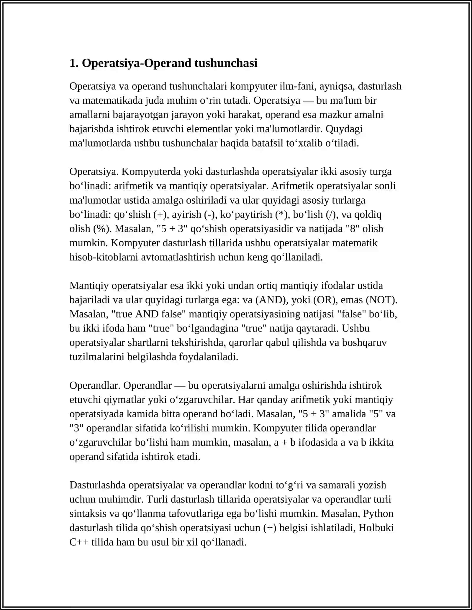 "OPERATSIYA-OPERAND" "HISOBLASHLAR MODELINI ÕRGANISH" 3