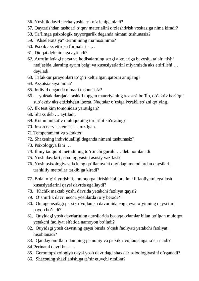 Umumiy psixologiya fanidan yakuniy nazorat (TEST) savollari 3