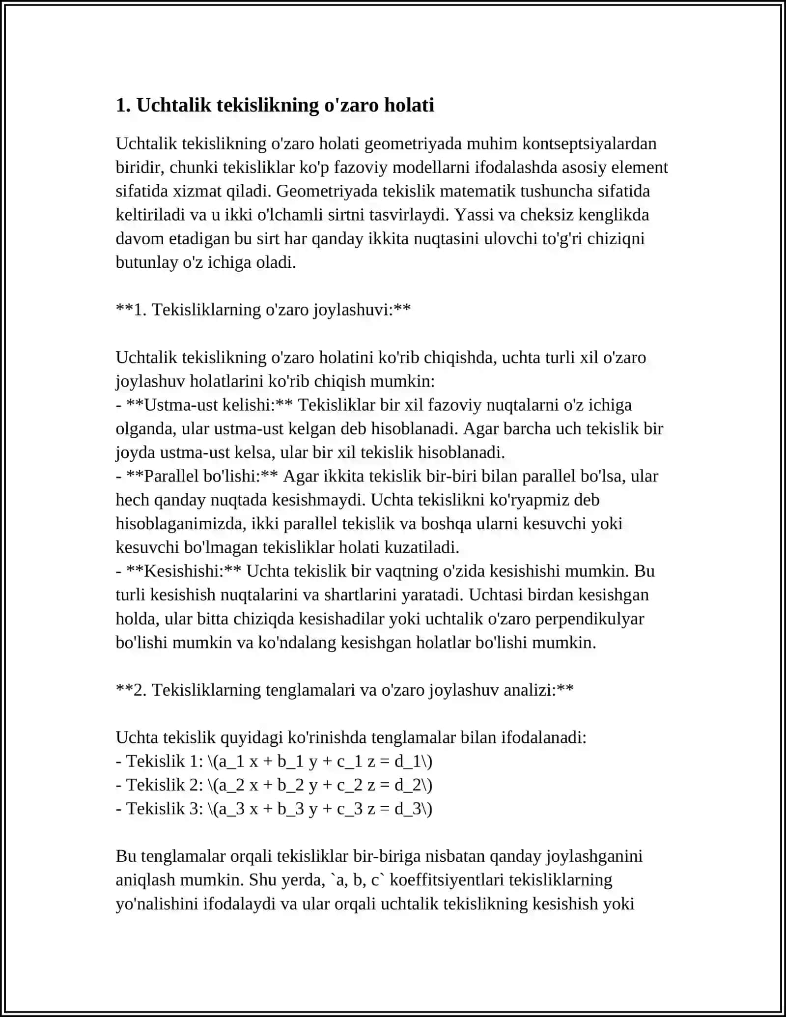 UCHTA TEKISLIKNING O'ZARO JOYLASHUVI. TEKISLIKLAR DASTASI. TEKISLIKLAR BOG'LAMI 3