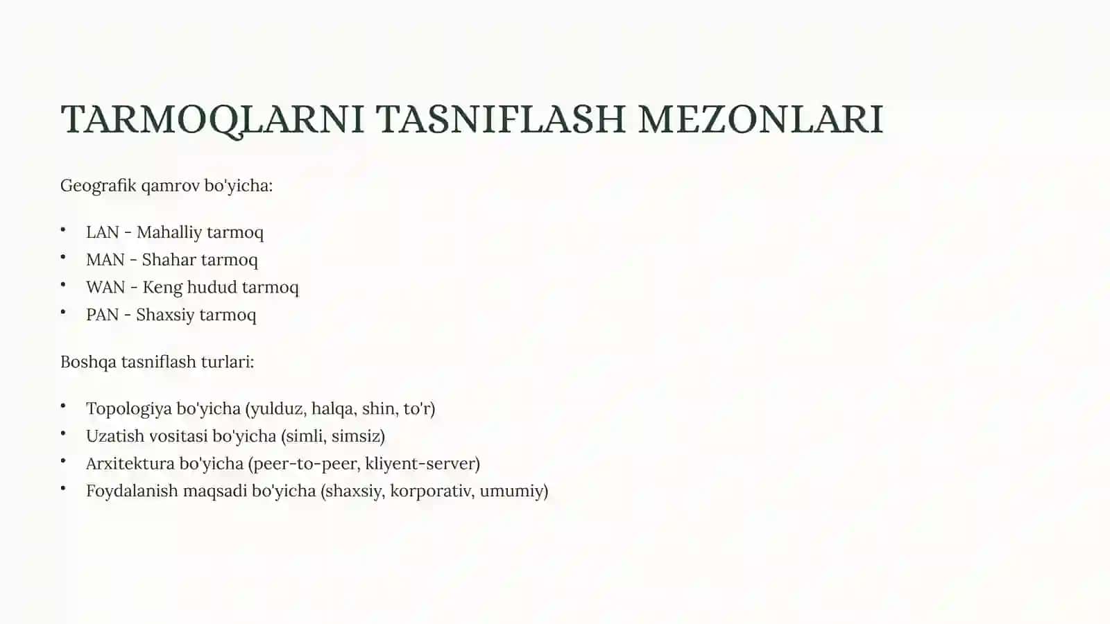 KOMPYUTER TARMOG'INING TURLARI LAN, MAN va WAN TARMOQLARI. 3