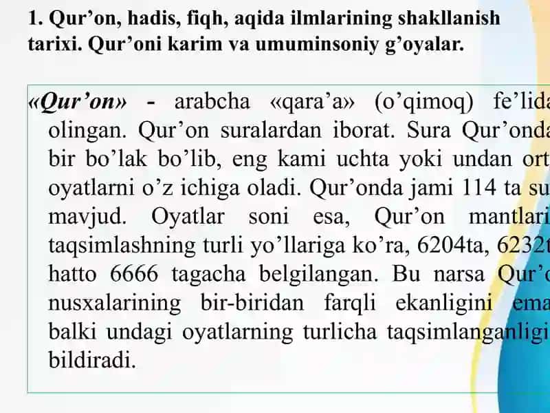 Islom dini manbalari, aqidaviy maktablari va ularning hozirgi davrdagi ahamiyati. 3