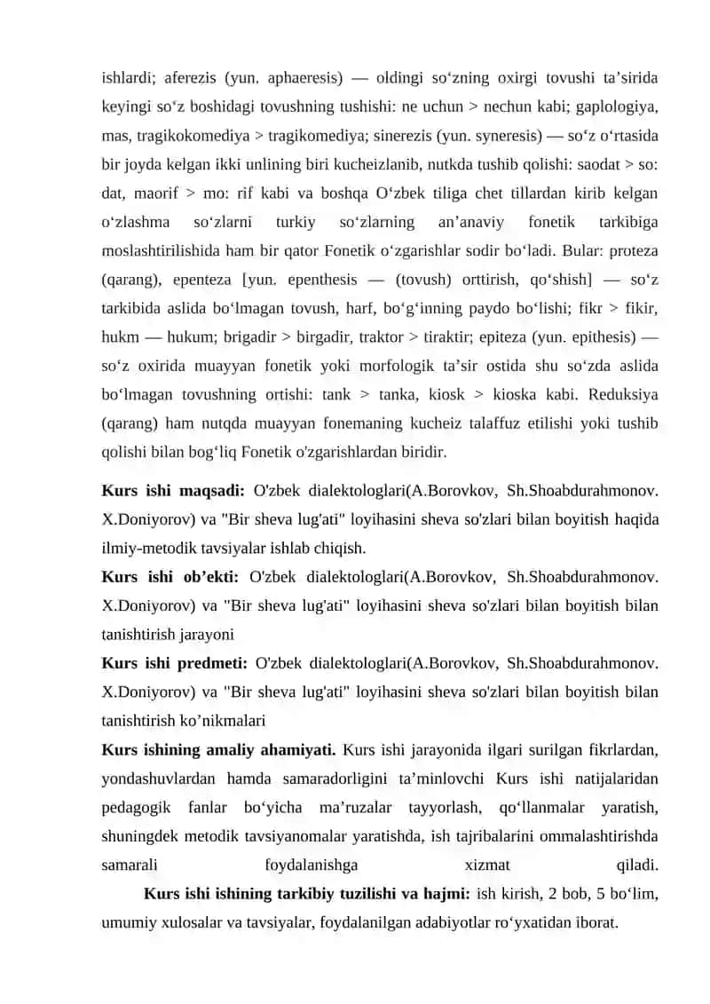 Tovush tushishi hamda ortishi. “Bir sheva lug’ati” loyihasini bajarish 3
