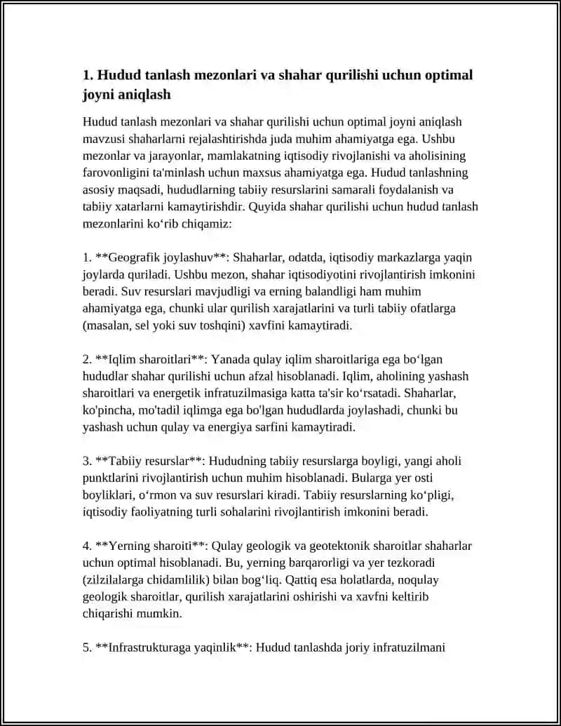 HUDUD TANLASH MEZONLARI VA SHAHAR QURILISHI UCHUN OPTIMAL JOYNI ANIQLASH 3