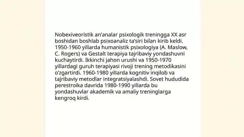 Psixologik treningda nobexiveoristik anʼanalarning rivojlanish tarixi 3