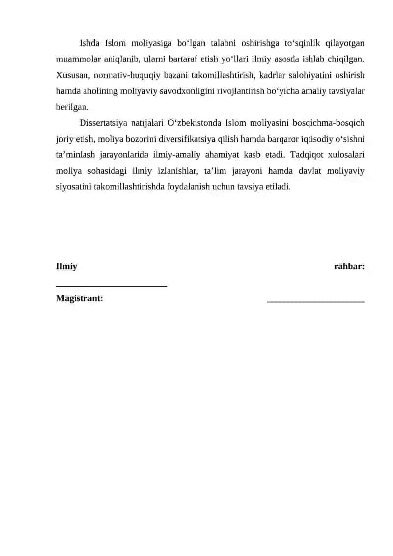 "O‘zbekistonda Islom moliyasiga bo‘lgan talab" dissertatsiyasi 3