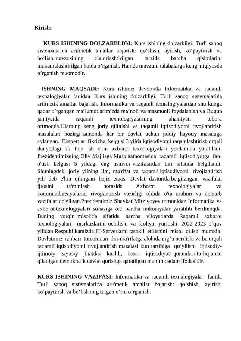 Turli sanoq sistemalarida arifmetik amallar bajarish: qo‘shish, ayirish, ko‘paytirish va bo‘lish. 3