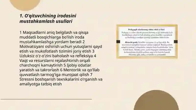 O'qituvchining irodasi, sabr-toqati, maqsadga intilish va boshqa ta'sir o'tkazish qobilyatlari 3