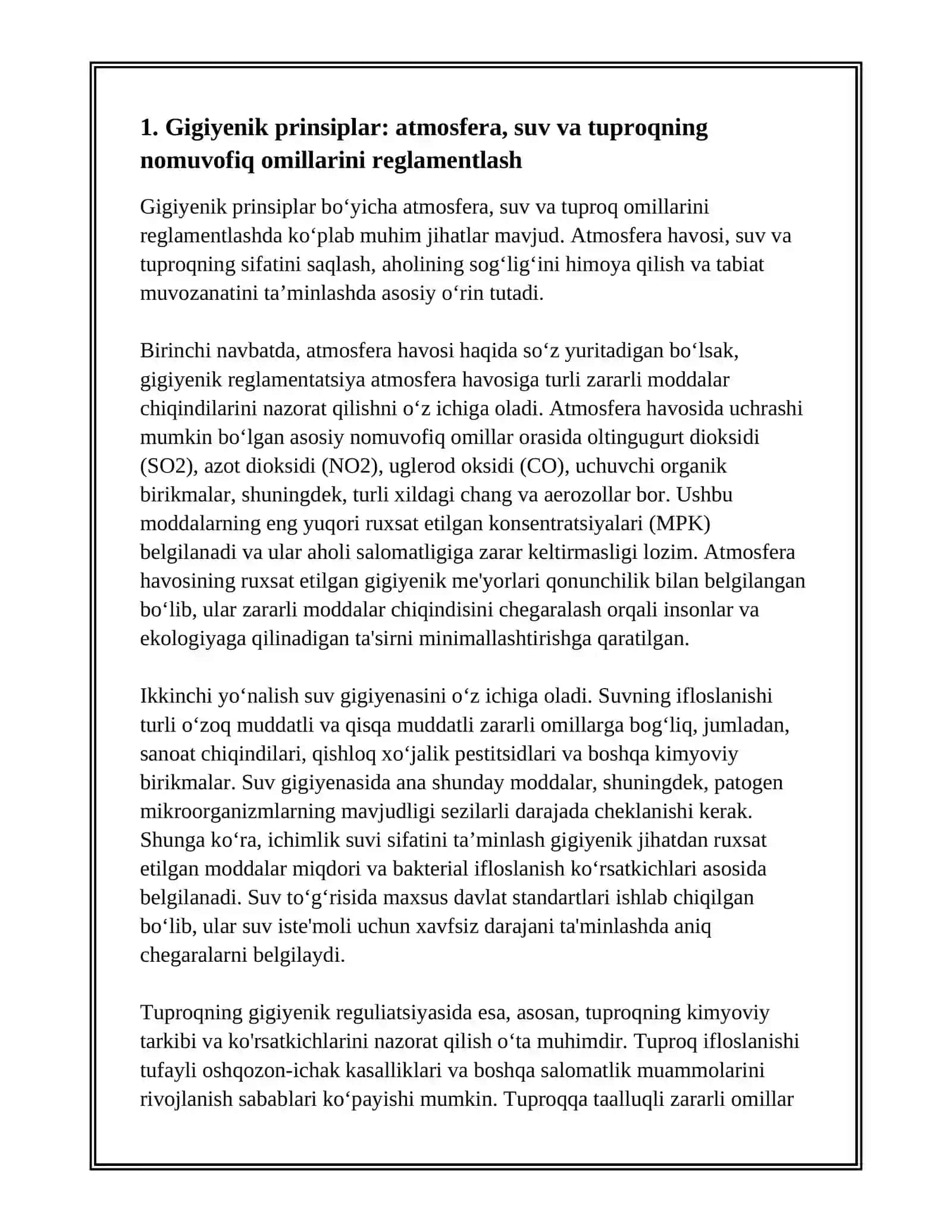 ATMOSFERA HAVOSI, SUV, TUPROQNING NOMUVOFIG OMILLARINI GIGIYENIK REGLAMERTLASHGA BO'LGAN UMUMIY YONDOSHISHLAR 3