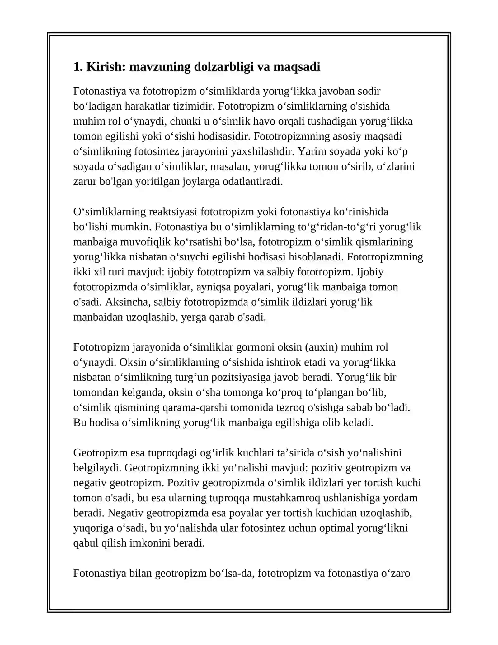 OʻSIMLIKLARDAGI FOTOTROPIZM FOTONASTIYA VA GEOTROPIZM HAQIDA 10 VAROQLI A4 FORMATDAGI PDF 3