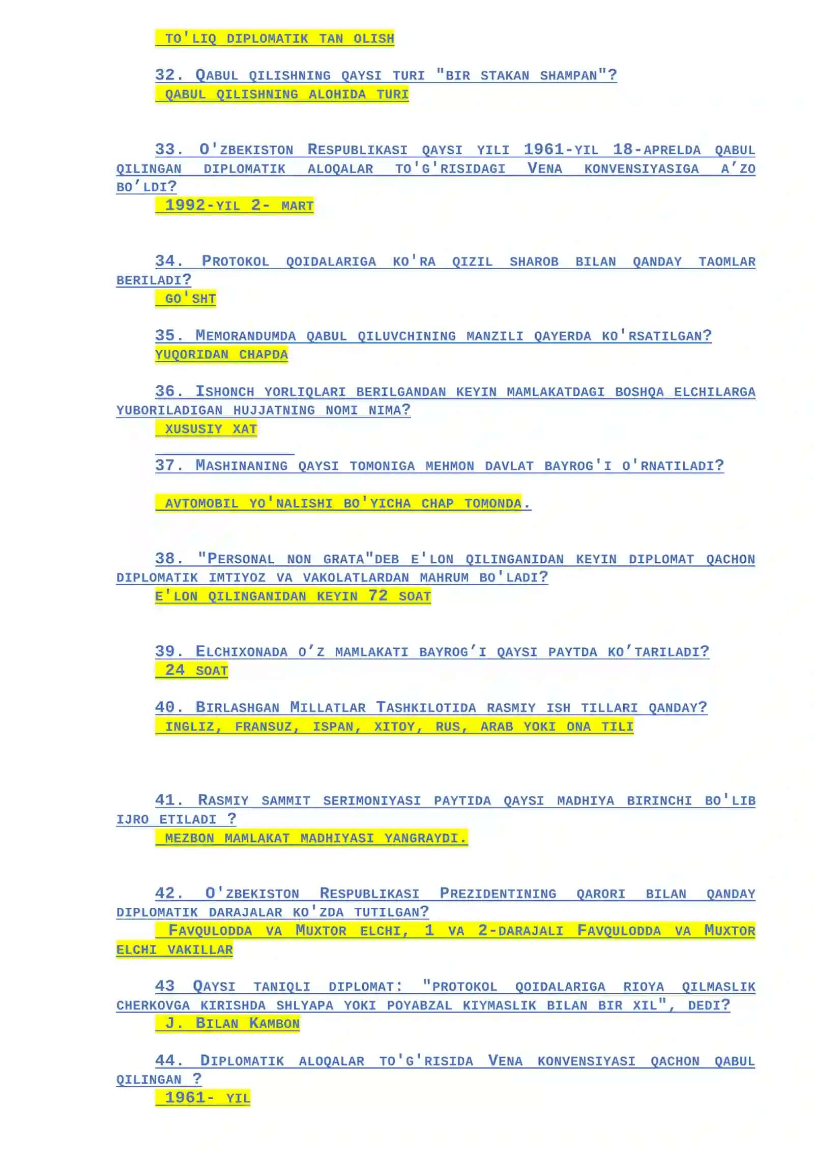 Diplomatik savol va javoblar test 3