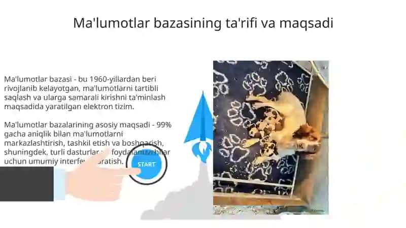 Ma'lumotlar bazasi - bu 1960-yillardan beri rivojlanib kelayotgan, ma'lumotlarni tartibli saqlash va ularga samarali kirishni ta'minlash maqsadida yaratilgan elektron tizim. 3