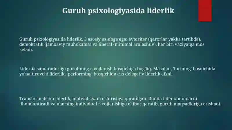 Guruh psixologiyasida yetakchilik va konfliktlarni boshqarish usullarini tahlil qilish 3