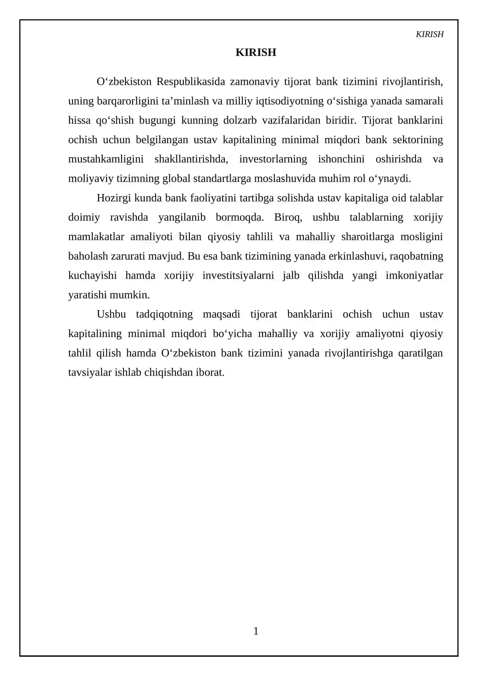 Tijorat banklarini ochish uchun ustav kapitalining minimal miqdori talablar boʻyicha mahalliy horijiy amaliyot, qiyosiy tahlili 3
