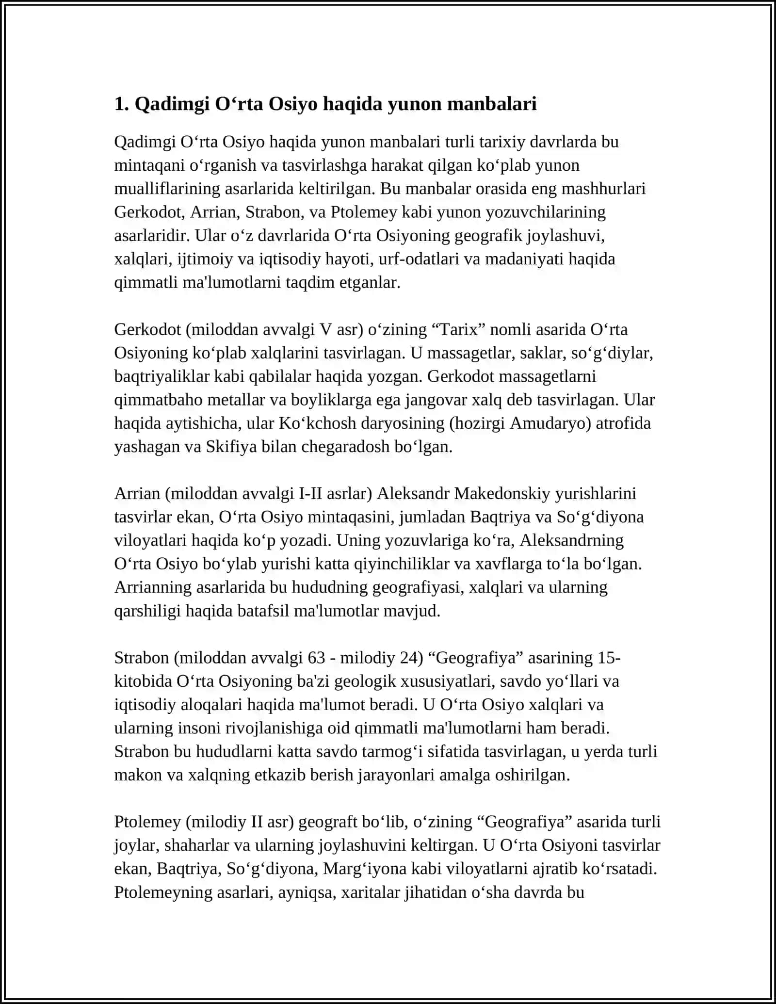O‘RTA OSIYO TARIXINING QADIMGI TARIXI YUNON VA RIM YOZMA MANBALARIDAGI YORITILISHI 3